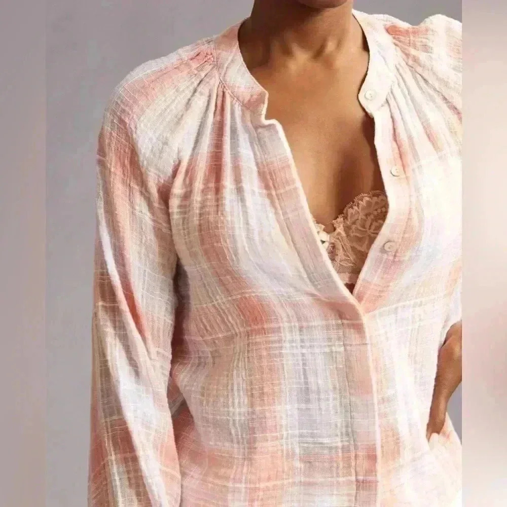 3/$30 Anthropologie Cloth & Stone Shirred Raglan Blouse Plaid Size XS